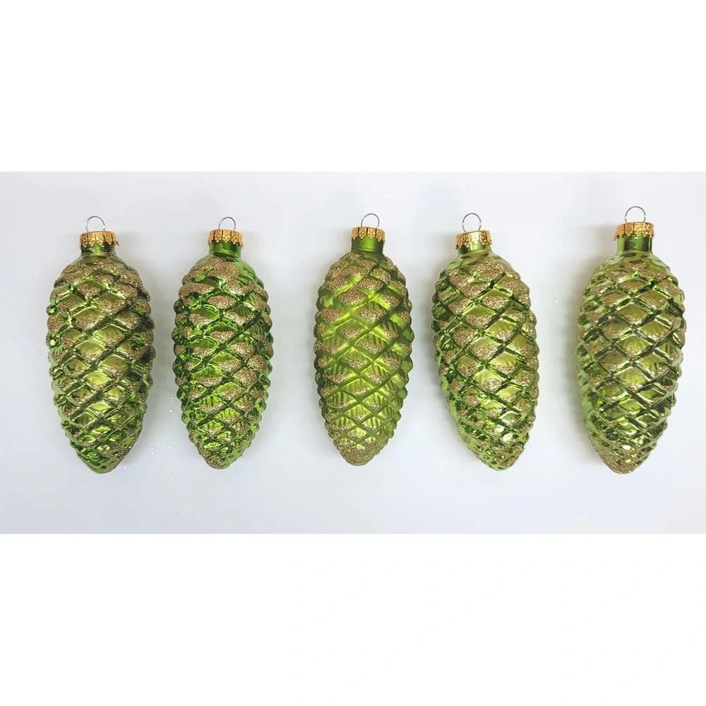 Set of 5 Lime Green Glass Pinecone Christmas Ornaments 4.5